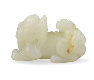 Chinese Hetian White Jade Carved Foo Lion, Qing D.