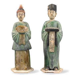 Two Chinese Green Glazed Standing Figure, Ming D.