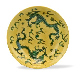 Chinese Yellow Ground Green Dragon Dish, Jiajing P