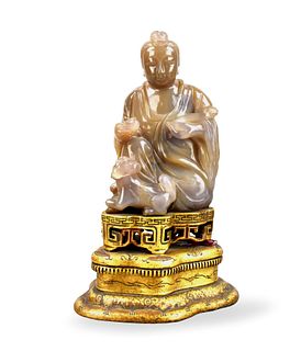 Large Agate Carved Guanyin Gilt Stand, Qing D.