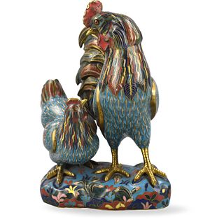 Chinese Cloisonne Mother & Baby Rooster,ROC P.