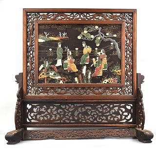 Chinese Wood Table Screen Inlaid w/ Soapstone& MOP