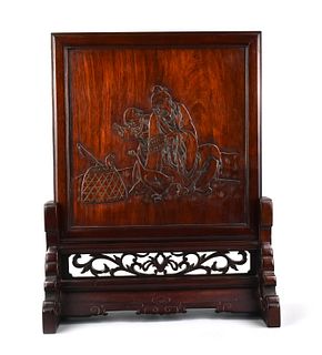 Chinese Carved Wood Table Screen w/ Figures