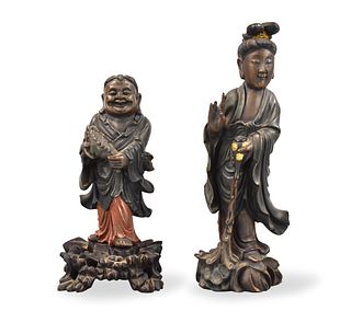 2 Chinese Lacquered Wood Carving Figures,Qing D.