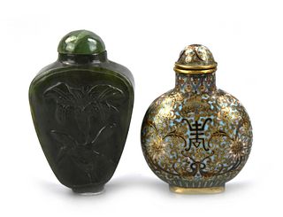 Chinese Green Jade & Cloissone Snuff Bottles