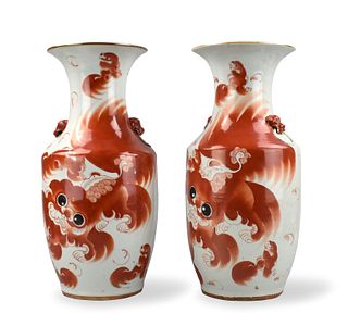 Pair of Chinese Iron Red Vases w/ Foo Dogs,19th C.