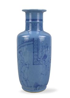 Chinese Blue Glazed Figural Rouleau Vase,19th C.