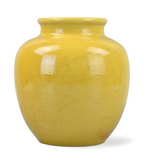 Chinese Carved Yellow Glazed Floral Jar, 19th C.