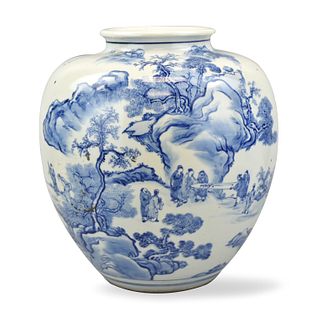 Large Japanese Blue & White Jar w/ Landscape,19th