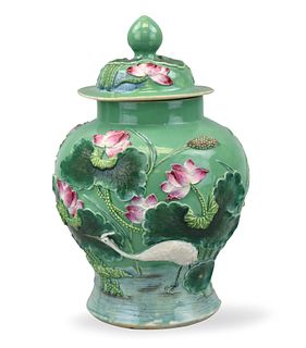 Chinese Crane & Lotus Jar with Lid, ROC Period