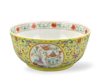 Chinese Yellow Ground Famille Rose Bowl