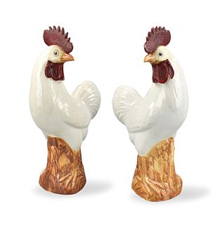 Pair of Chinese White Glazed Rooster Figure, ROC P