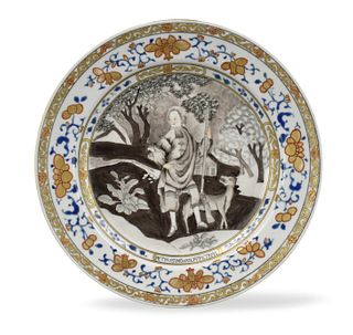 Chinese Export Gilt Grisaille Hunting Plate,18th C