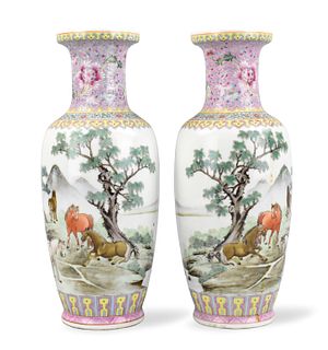 Pair of Chinese Famille Rose Vases w/ Horse,1980s