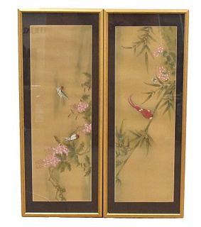2 Chinese Framed Painting on Silk w/ Bird & Flower