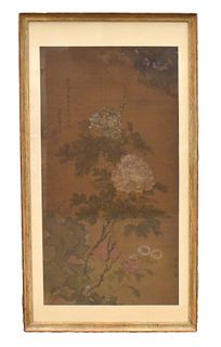 Chinese Peony Painting on Silk ,Signed "Wu HuiWen"