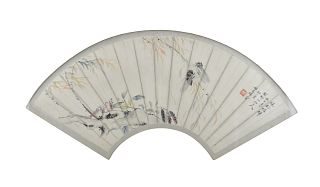 Chinese Framed Fan Painting of Cicada,Zhi WenJing