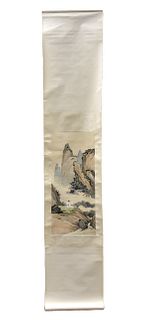 Chinese Painting on Silk w/ Scholar in Mountain
