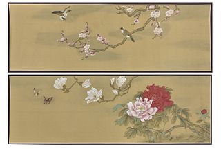 Two Paintings on Silk of Birds & Flowers