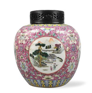 Chinese Famille Rose Jar & Wood Cover,19th C.