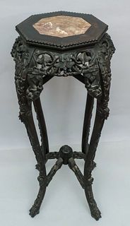 Chinese Marble Top Teakwood Pedestal Stand