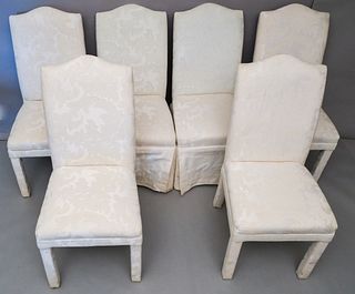 Set of 6 White Brocade Upholstered Chairs