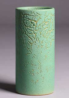 Valentien Pottery Matte Green Cylinder Vase c1910