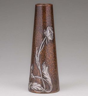 Arts & Crafts Hammered Copper & Sterling Silver Vase c1905