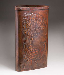 A&C Hammered Brass Peacock Repousse Corner Umbrella Stand c1900