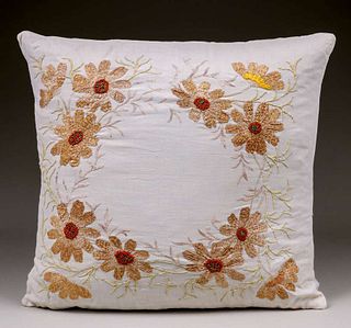 Arts & Crafts Hand Embroidered Daisy Pillow c1910