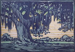 Henrietta Bailey - Newcomb College Spanish Moss Oak Tree Woodblock Print c1910s