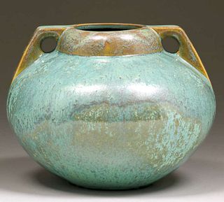 Fulper Pottery Pale Green Bulbous Two-Handled Vase c1920