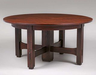 Gustav Stickley 60"d Five-Leg Cross-Stretcher Dining Table c1910