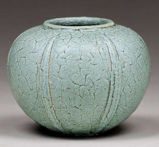 Grueby Pottery Matte Blue Melon-Shaped Vase c1905