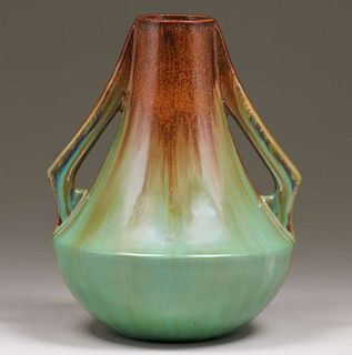 Fulper Pottery Two-Handle Copperdust Green Flambe Vase c1910s
