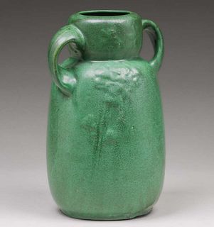 Weller Pottery Matte Green Two-Handled Vase c1910