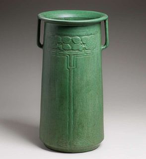 Tall Weller Bedford Matte Green Two-Handled Vase c1910