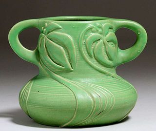 EarlyÂ Van BriggleÂ #82 Matte Green Two-Handled Vase 1902