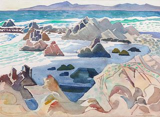 Elizabeth McNaughton California Watercolor "Rocks & Sea" 1971