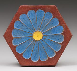Malibu Pottery Blue Aster Stylized Hexagonal Tile c1930s