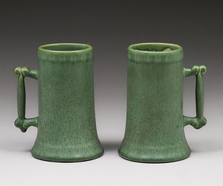 Pair Hampshire Pottery Matte Green Mugs c1910s
