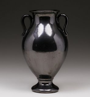 Fulper Pottery Mirror Black Two-Handled Vase c1910s