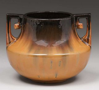 Fulper Pottery Orange & Black Flambe Two-Handled Vase c1910s