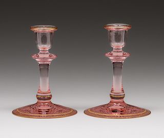 Pair Elegant Pink & Etched Glass Candlestick c1920s