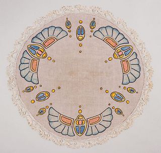 Arts & Crafts Embroidered Scarab Round Linen c1920s