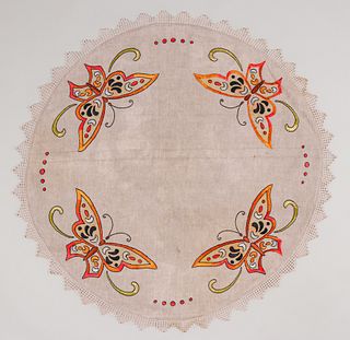 Arts & Crafts Embroidered Butterflies Round Linen c1910s