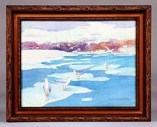 Carl Nordstrom Watercolor "Gulls on the Ice" Rockport