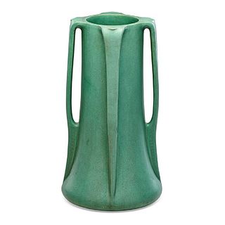 Tall Teco Pottery Matte Green Four Buttress Handle Vase c1910