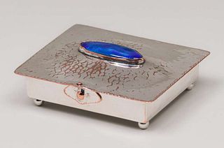 English Hammered Copper & Enamel Silver-Plated Box  c1905