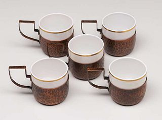 5 Joseph Heinrichs Hammered Copper & Porcelain Demitasse Cups c1910s